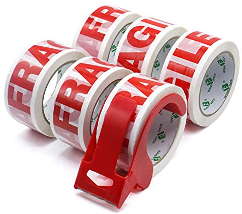 BOMEI PACK 6 Rolls with1 Dispenser Printed Fragile Moving Box Secure Tape Sticky Packing Tape for Heavy Duty Shipping Carton Sealing,Parcels Wrapping 45mic x 48mm x 66m