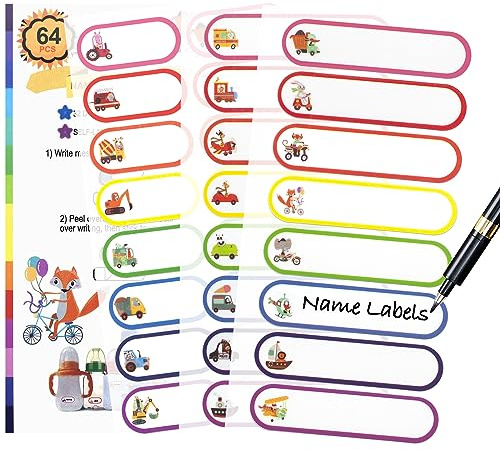 64 PCS Waterproof Daycare Labels, Self-Laminating Baby Bottle Labels for Supplies, Dishwasher Safe Name Stickers for Kids School Stuff, Toddler Tags for Water Bottle Lunch Box