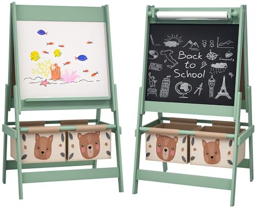 AIYAPLAY Lavagna per Bambini 3 in 1 con 2 Contenitori, Cavalletto Artistico in Legno per Bambini 3-8 anni, 54x46.5x93cm, Verde