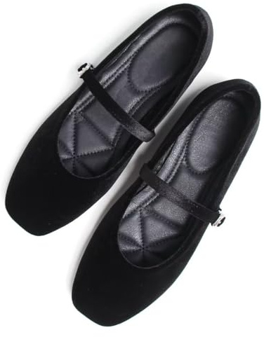 Stunner Mary Jane Square Toe Black Ballet Flats for Women Comfortable Ankle Strap Casual Slip On Flats, Velvet Black, 7.5 UK