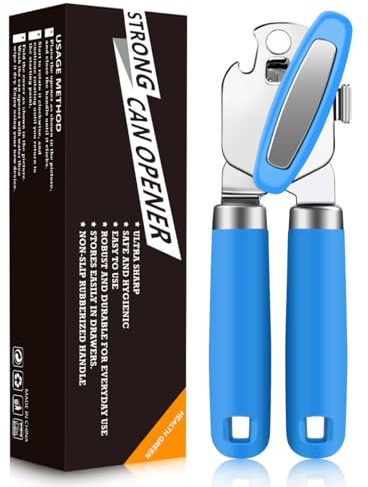 OGIMA Abrelatas manual de acero inoxidable, abre latas sin esfuerzo con abrelatas manual resistente, bordes lisos y agarre cómodo para artritis y manos débiles (azul)