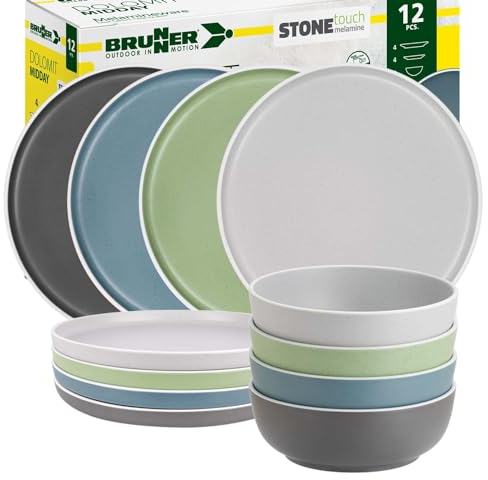 BRUNNER: Melamin Geschirr-Set Camping | 12-Teilig - Teller & Schüsseln für 2-4 Personen | DOLOMIT Midday - Stapelbar, Kratzfest