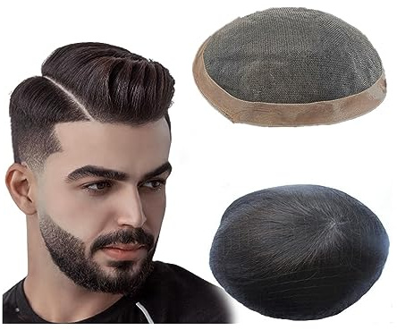 Toupet hommes Toupet for hommes, dessus mono fin et revêtement poly autour du postiche for hommes, système de cheveux humains de 6 pouces, prothèse capillaire masculine 1B#, unités de cheveux noirs na