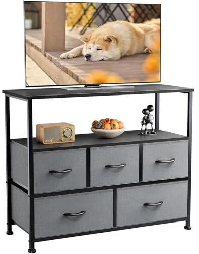 DUMOS Kommode mit Schubladen - kommoden & Sideboards für Schlafzimmer Geeignet, Komodenschrank mit 5 Schubladen, TV-Schrank mit Stabilem Stahlrahmen, Ideal für Schlafzimmer, Wohnzimmer (Grau)