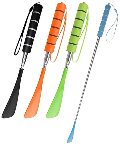Flycppo 4 Piezas Calzador de Zapatos Telescópicas,Calzador Largo Plastico,Extensible Varilla de Metal,Calzador Inoxidable para Hombres,Mujeres,Niños y Personas Mayores(29-70 cm)