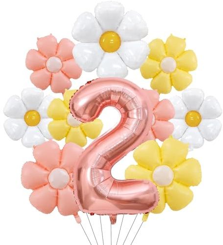 Födelsedagsdekoration 2-årig flicka med tusensköna folieballong, dekoration 2. Födelsedag flicka pojke, roséguld ballong 2. Födelsedagsdekoration set med nummer 2 ballonger, första födelsedagen