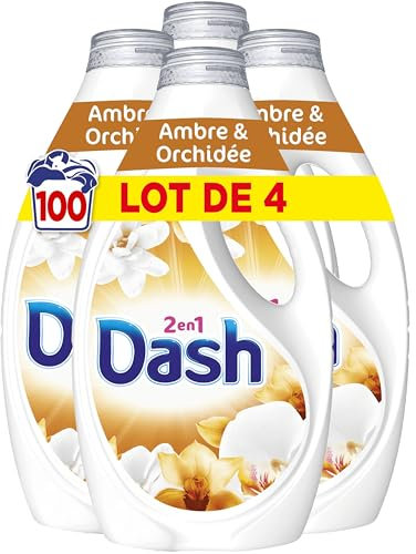 Dash 2en1 Lessive Liquide, 100 Lavages (4 x 25 Lavages), Ambre & Orchidée, avec 3 SEMAINES DE FRAÎCHEUR* et Lenor, Fabriquée En France, Dash 2in1