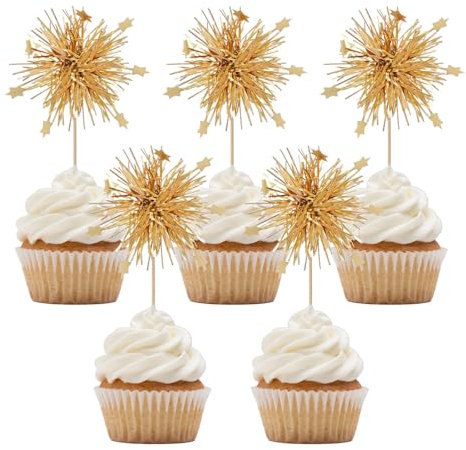 hoyuwak 30Pcs Gold Foil Firework Happy Birthday Cake Toppers - Premium Food-Safe Decorative Picks with Sparklers Effect for Birthday Parties, Wedding,Cake & Dessert Decorations