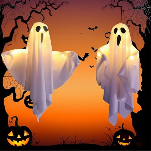 FemKey Décoration Halloween Extérieur Intérieur, 2 PCS Fantôme Suspension avec Guirlande Lumineuse LED à 3 Modes, 50X40CM Fantome Suspendu Effrayant Halloween Ghost Deco
