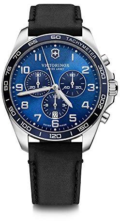 Victorinox Herren Armbanduhr FieldForce Classic Chrono Ø 42 mm, Analog Quarz, Wasserdicht bis 100 m, Saphirglas, Leder-Armband, Blau/Schwarz