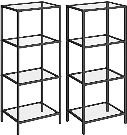 VASAGLE Hylla med 4 hyllor, set om 2, badrumshylla, härdat glas, enkel installation, för badrum, vardagsrum, kök, kontor, svart LGT028B01