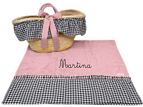Capazo Mimbre y Toalla de Playa Personalizado para niña - Conjunto para piscina con nombre bordado - 2 Piezas (Vichy Negro/Rosa Maquillaje)