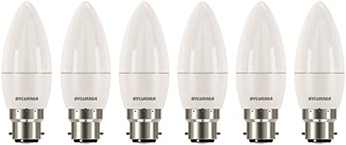 SYLVANIA kronljus LED-ljuskällor, frostade, B22, 8 W, 806 lumen, motsvarar 60 W, varmvit 2700K – 6-pack