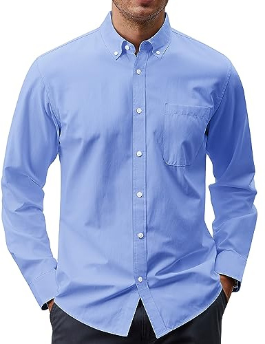J.VER Men's Cotton Button Down Oxford Shirts Regular Fit Long Sleeve Casual Business Shirt with Pocket Blue X-Large