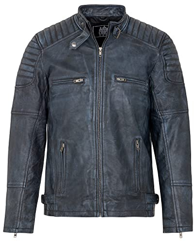 URBAN 5884 Veste en Cuir Homme RALF, Veste en Cuir Véritable Style Motard, Douce et Résistante, Denim, M