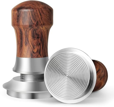 HOLIHOKY Tamper 58mm, Federbelastet Kaffee Tamper mit Edelstahl 304 Gewindeboden, Espresso Tamper mit Holzgriff