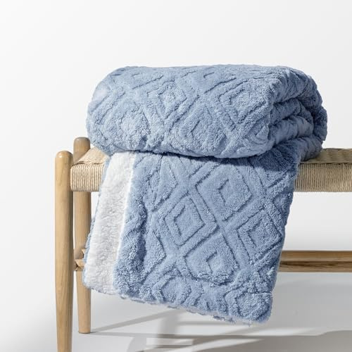EverGrace Jacquard Boho Sherpa Fleece Throw Blanket for Couch, Super Soft Cozy Fuzzy Plush Blankets for All Seasons, Reversible Thick Warm Blanket for Bed, Sofa, Living Room, Blue Linen, 60 x 80