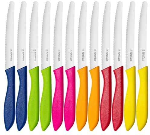 Targzier Frühstücksmesser Set 12-teilig, Brötchenmesser Wellenschliff,Bunt Brotzeitmesser,Tomatenmesser,Buttermesser,Scharfes tafelmesser wellenschliff,Spezialklingenstahl,Spülmaschinenfest,Multicolor