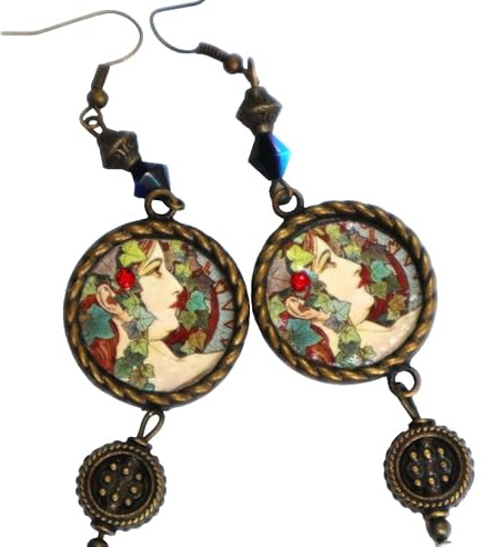Vintage Style Antiqued Gold Plated Alphonse Mucha Design Dangle Earrings with Crystal Beads Retro Inspired Bohemian Art Nouveau Jewelry for Women Teen Girls