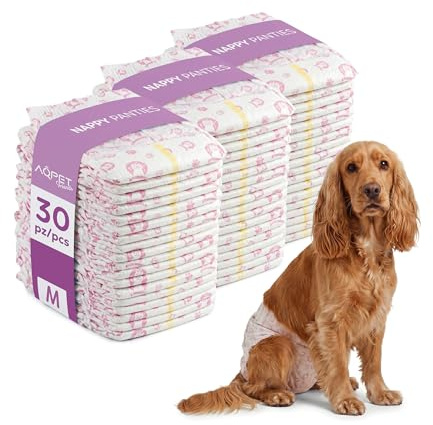 Aqpet Pannolini Igienici Mutanda Assorbente per Cani Femmine per Ciclo Incontinenza con Chiusura Adesiva Regolabile, Anti odore, Usa e getta, Taglia Medium 425x300mm, Confezione da 30 Pezzi