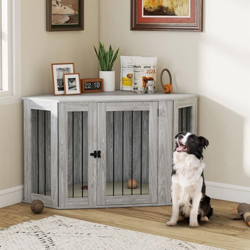 PawHut Dog Crate Furniture, Side Table Dog Kennel with Cushion, Large Door, for Large Dogs - Grey