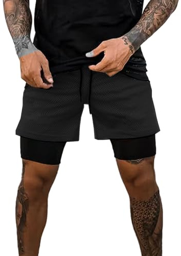 XDSP Pantaloncini Sportivi da Uomo, 2 in 1 Sport e Allenamento Fitness Shorts Jogging, Pantaloncini Asciugatura Veloce (IT, Testo, M, Nero-Puro)