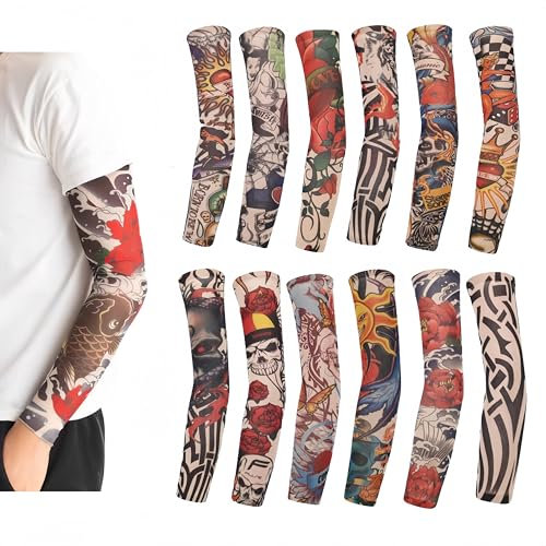 SDXCJY Lot de 12 manchons de tatouage pour homme et femme - Manches élastiques en nylon - Pour Halloween, tatouage, hip-hop, protection contre le soleil, 12 pièces., 38cm/15*8.5cm/3.4''