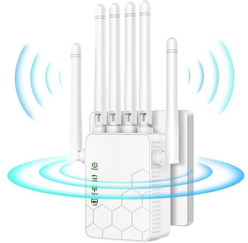 Répéteur WiFi,Amplificateur WiFi,repeteur WiFi Puissant avec 6 Antennes Puissantes,2 Ports LAN,Mode Répéteur & Routeur & AP,repeteur WiFi Exterieur Couverture WiFi de 300 m²,Facile à Installer (Blanc)