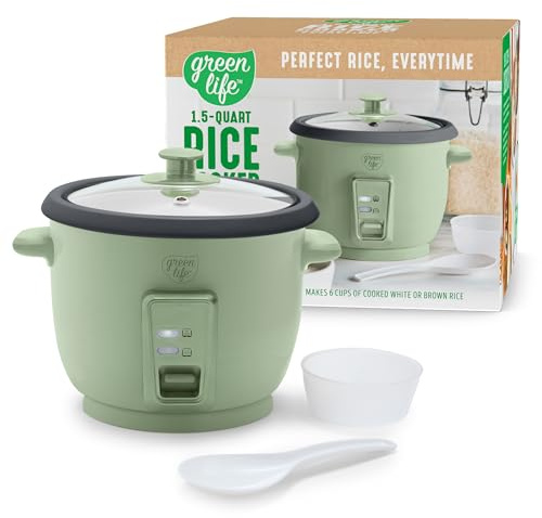 GreenLife Rice Cooker with Removable PFAS-Free Ceramic Nonstick Pot, 3-Cups Uncooked/6-Cups Cooked, Grains & Oatmeal Multicooker, Compact One-Switch Design, Auto Keep Warm, Easy Clean, Sage Green