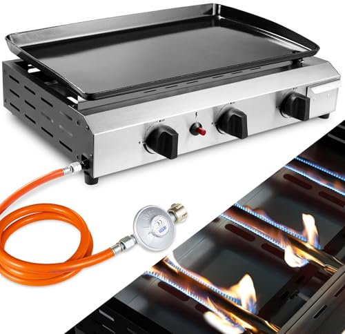 Gas Plancha Grillplatte, Kompakt Tischgasgrill, Gasgrill Edelstahl, Keramische Lackbeschichtung Grillfläche, Tragbarer Balkon Camping Picknick BBQ Grill (Butan/Propan) (7,2 KW (25000 BTU))