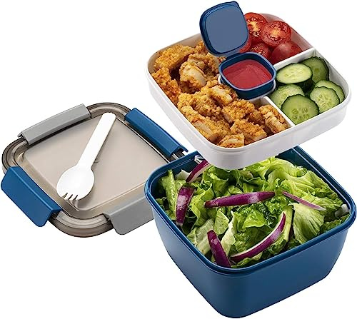 MINIMARG Salad Lunch Box – Large Salad Bowl with Lid, BPA-Free |3-Compartment Bento Box Microwave Safe – Yumbox Style Salad Bowl with Dressing Containers, Built-in Reusable Spoon (Blue, Small-1.1L)