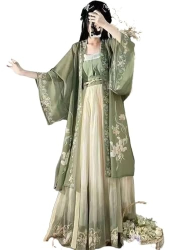 HIMKSRE Costume traditionnel chinois for femme, tenue Hanfu de la dynastie des Song antiques, ensemble 3 pièces vert, grande taille XL, printemps-été(M)