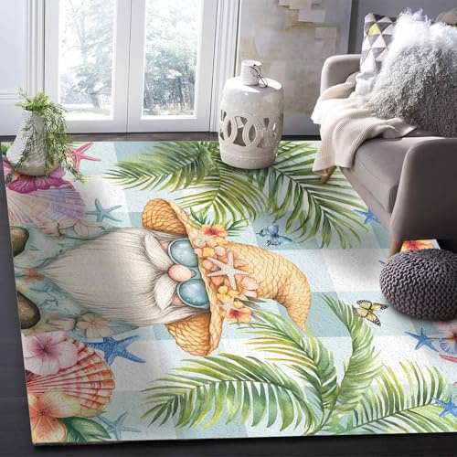 Washable Area Rugs Tropical Dwarf Palm Tree Living Room Rug with Non Slip TPR Backing Large Soft Carpet for Bedroom Office Dining Room Home Decor Gnomes Sea Star on Green Plaid 4'x6'