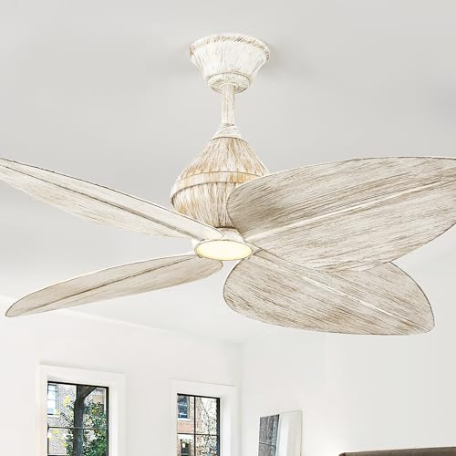 HEMLDAN 52 Ceiling Fan, Tropical Ceiling Fans with APP and Remote Control, Indoor Palm Leaf Ceiling Fans with Lights for Living Room Bedroom Patios, Dimmable(Rustic White Gold)