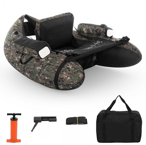 LEADZM Bateau de Pêche Gonflable Camouflage, Float Tube avec Pompe, Support de Canne Peches, Sangles Réglables, Sac de Rangement, Capacité de Charge 150 kg