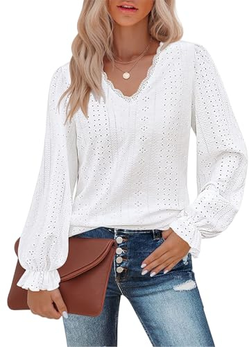 LIAMERHE Puff Long Sleeve Shirts for Women Sexy Lace V-Neck Tops Spring Casual Loose Blouses Fashion Fall Elegant Eyelet Blouse Dressy Tunic for Winter White S