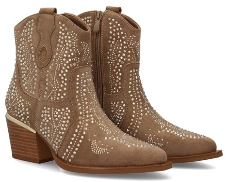 94646 Botin de Mujer con Estilo Vaquero, Detalles Brillantes y Cierre Comodo. Diseno de Tachuelas Brillantes, Tacon Cubano. Kaki Talla 36