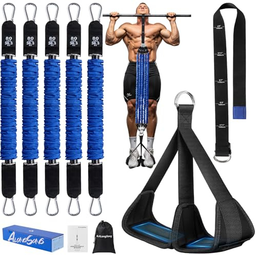 ALongSong Bandas de Resistencia para Dominadas con 4/5 Bandas, Rango de Bandas Elasticas de 80-320Lbs / 80-400Lbs y Plataformas Ajustables para los Pies para Entrenamientos en el Gimnasio