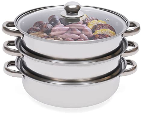 Dreistufiger Dampfgarer​ Edelstahl 28cm - 3-fach Dampfeinsätze​ für Induktion/Gas/Electro - Dampfgarer mit Glasdeckel​ & Polierter Oberfläche - Stapelbarer Kochtopf​ 9,5cm Grundtopf Höhe