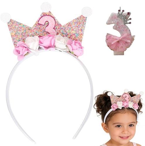 BCHMN Set Compleanno per 3 Anni, Corona Principessa Bambina, Cerchietto con corona di rose, Candela a Forma di Corona con Numero