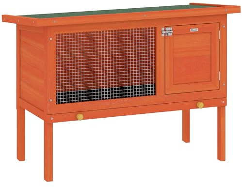 PawHut Wooden Rabbit Hutch with Openable Asphalt Roof for Rabbits Orange