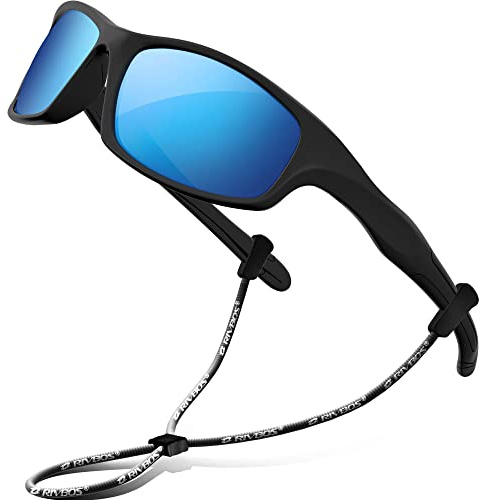 RIVBOS Kids Sunglasses with Strap Polarized UV Protection Flexible Rubber Shades for Boys Girls RBK003-2 Black Ice Blue Lens