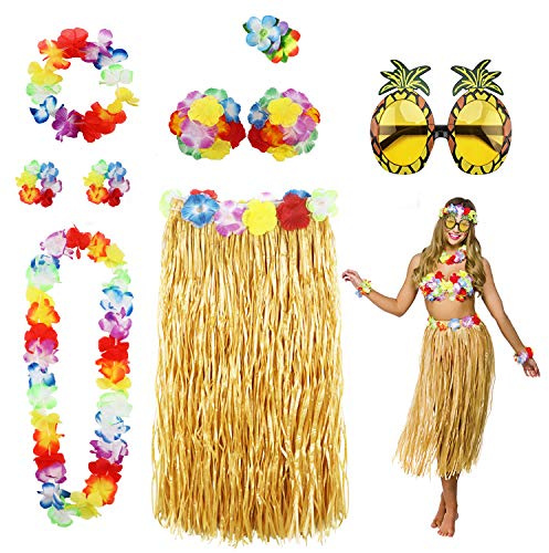 PHOGARY 8PCS Jupe de hula Kit d'accessoires de costume pour Hawaii Luau Party - Danse Hula avec Fleur Bikini, Hawaïen lei, Pince à cheveux en hibiscus, lunettes de soleil (Jaune Taille Unique)