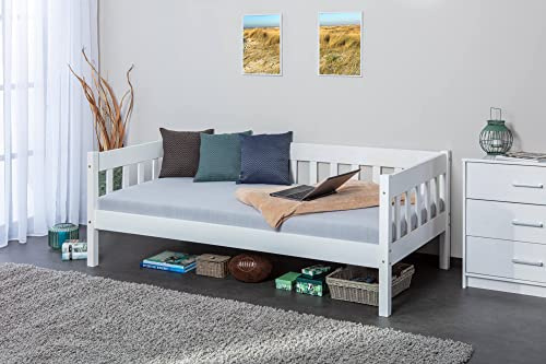 Dmora Divano letto singolo, in pino massello color bianco, cm 98x205x63, rete a doghe inclusa