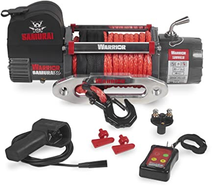 Warrior Samurai V2 12V 12000lb Premium Hochgeschw.-Elektrowinde - Hochleistungsmotor, ext. Bremssystem, doppelt abgedichtet, Stahlgetriebe, kabellose Fernbed. - Synthetisches Seil