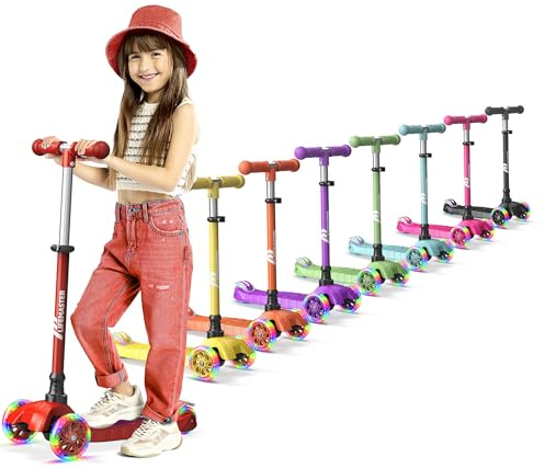 Lifemaster Kids Scooter – Children and Toddler 3 Wheel Kick Scooter – LED Wheel Lights Illuminate When Rolling– Adjustable Handlebar – Indoor and Outdoor Red