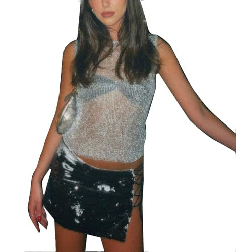Cslbiuni Women’s Sexy Knitted Glitter Crop Tank Top Sheer Mesh Crew Neck Sleeveless Cropped Shirt Blouse White