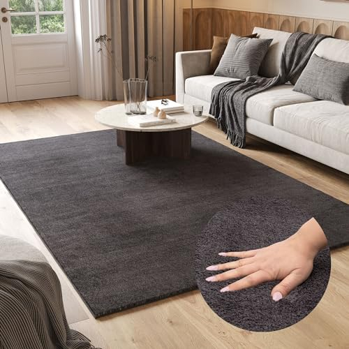 TAPISO Cuddle Teppich Hochflor Langflor Anthrazit Dunkelgrau Shaggy rutschfest Waschbar Wohnzimmer Schlafzimmer Kinderzimmer ÖKOTEX 240 x 340 cm
