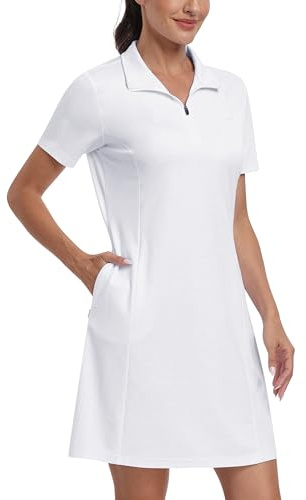 JINSHI Women's Golf Tennis Dress Short Sleeve Casual Sports Workout Athletic Polo Dresses with Zip Pockets Pockets White Size US M