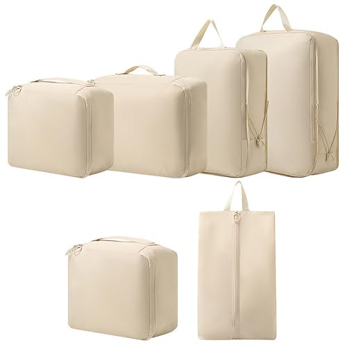 Organizador de maletas beis, bolsas de compresión, cubos de compresión, el diseño de compresión ahorra espacio de equipaje (juego de 6 piezas).
